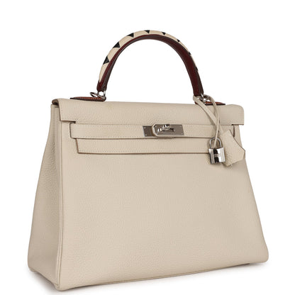 Pre-owned Hermes Kelly Retourne 32 Craie Au Gallop Togo Palladium Hardware