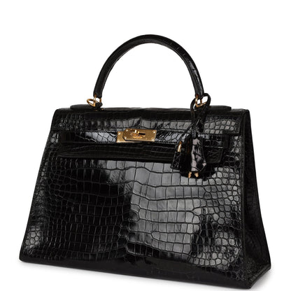 Vintage Hermes Kelly Sellier 32 Black Shiny Porosus Crocodile Gold Hardware