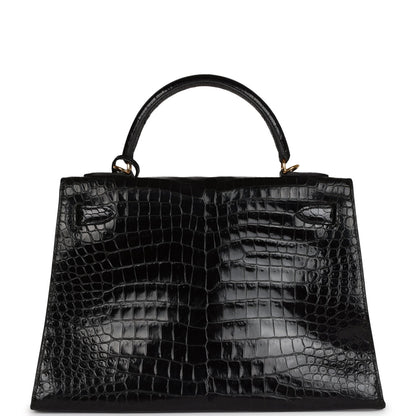 Vintage Hermes Kelly Sellier 32 Black Shiny Porosus Crocodile Gold Hardware