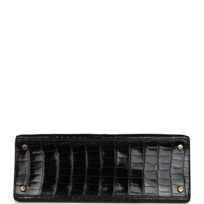 Vintage Hermes Kelly Sellier 32 Black Shiny Porosus Crocodile Gold Hardware