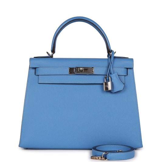 Pre-owned Hermes Kelly Sellier 28 Bleu Azur Epsom Palladium Hardware
