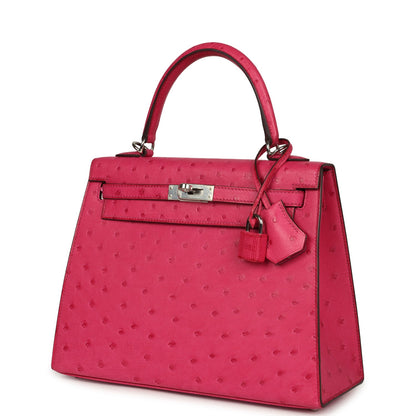 Pre-owned Hermes Kelly Sellier 25 Rose Tyrien Ostrich Palladium Hardware