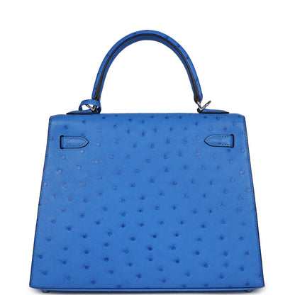 Hermes Kelly Sellier 25 Bleuet Ostrich Palladium Hardware