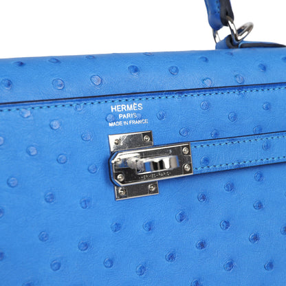 Hermes Kelly Sellier 25 Bleuet Ostrich Palladium Hardware