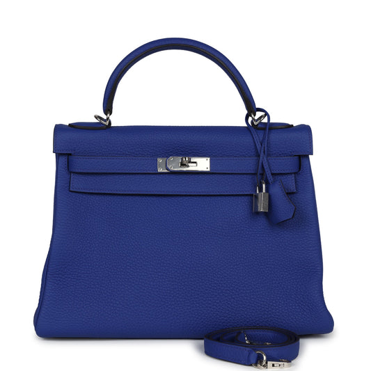 Pre-owned Hermes Kelly Retourne 32 Bleu Electric Togo Palladium Hardware