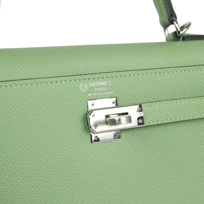 Hermes Special Order (HSS) Kelly Sellier 25 Vert Criquet Verso Epsom Palladium Hardware
