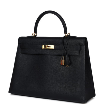 Vintage Hermes Kelly Sellier 35 Black Fjord Gold Hardware