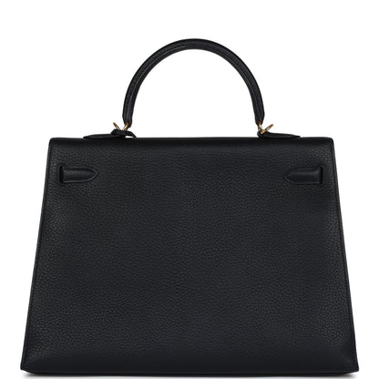 Vintage Hermes Kelly Sellier 35 Black Fjord Gold Hardware