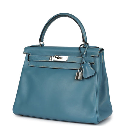 Vintage Hermes Kelly Retourne 28 Blue Jean Gulliver Palladium Hardware