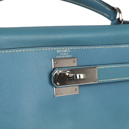 Vintage Hermes Kelly Retourne 28 Blue Jean Gulliver Palladium Hardware
