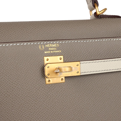 Hermes Special Order (HSS) Kelly Sellier 25 Etoupe and Craie Epsom Brushed Gold Hardware
