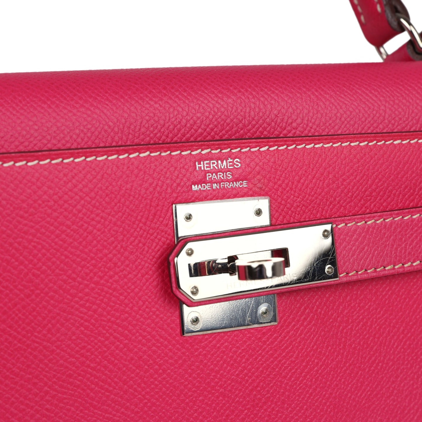 Pre-owned Hermes Kelly Sellier 28 Rose Tyrien Epsom Palladium Hardware