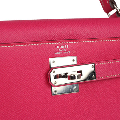 Pre-owned Hermes Kelly Sellier 28 Rose Tyrien Epsom Palladium Hardware