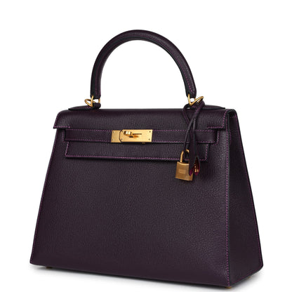 Pre-owned Hermes Special Order (HSS) Kelly Sellier 28 Raisin Verso Chevre Brushed Gold Hardware