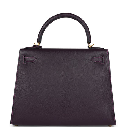 Pre-owned Hermes Special Order (HSS) Kelly Sellier 28 Raisin Verso Chevre Brushed Gold Hardware