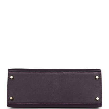 Pre-owned Hermes Special Order (HSS) Kelly Sellier 28 Raisin Verso Chevre Brushed Gold Hardware