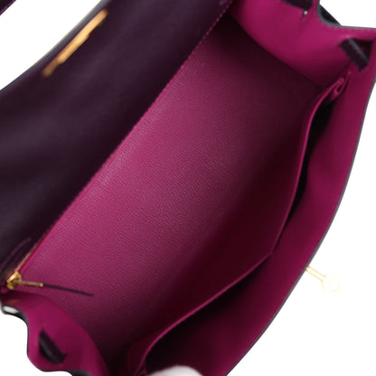 Pre-owned Hermes Special Order (HSS) Kelly Sellier 28 Raisin Verso Chevre Brushed Gold Hardware