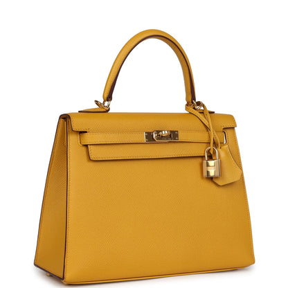 Pre-owned Hermes Kelly Sellier 25 Jaune Ambre Epsom Gold Hardware