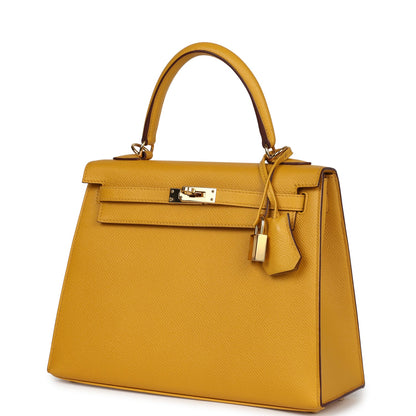 Pre-owned Hermes Kelly Sellier 25 Jaune Ambre Epsom Gold Hardware