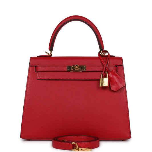 Pre-Owned Hermes Kelly Sellier 25 Rouge Casaque Epsom Gold Hardware