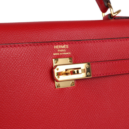 Pre-Owned Hermes Kelly Sellier 25 Rouge Casaque Epsom Gold Hardware