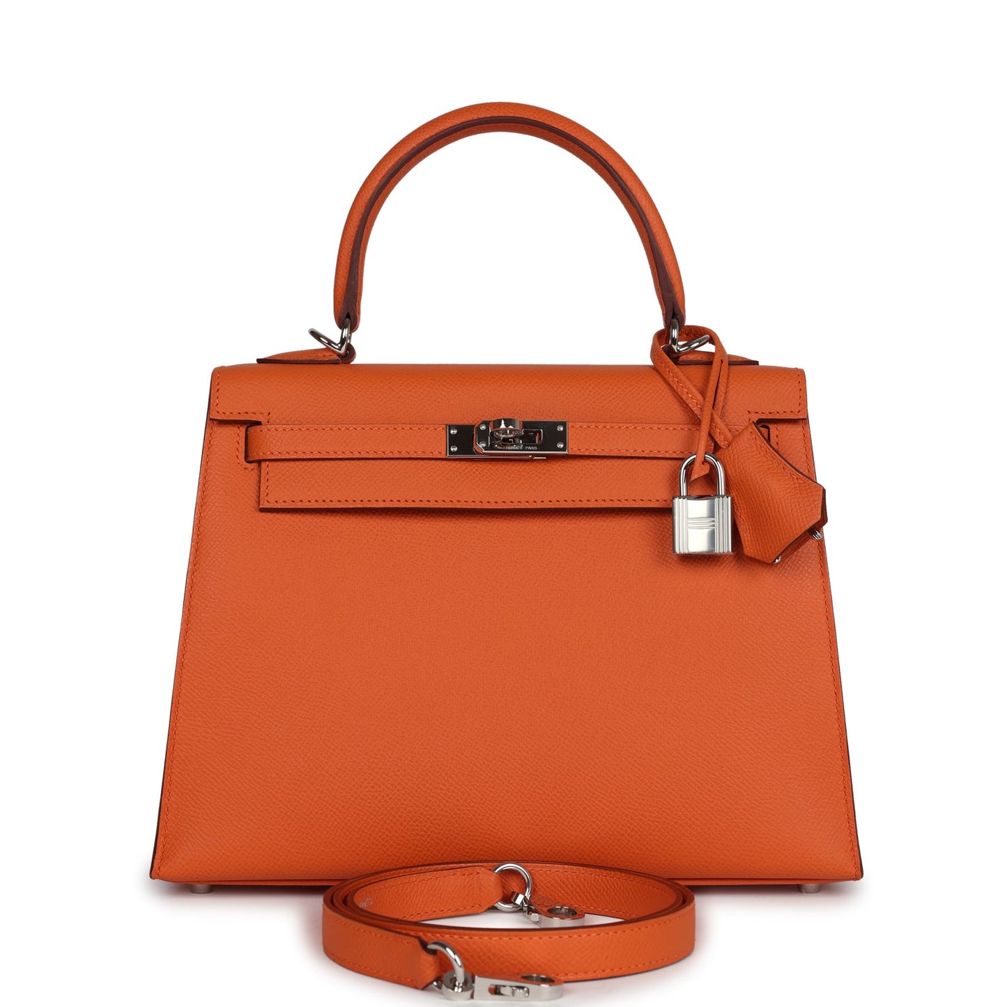 Pre-owned Hermes Kelly Sellier 25 Orange Epsom Palladium Hardware
