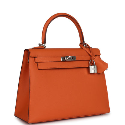 Pre-owned Hermes Kelly Sellier 25 Orange Epsom Palladium Hardware
