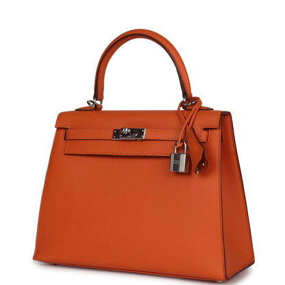 Pre-owned Hermes Kelly Sellier 25 Orange Epsom Palladium Hardware