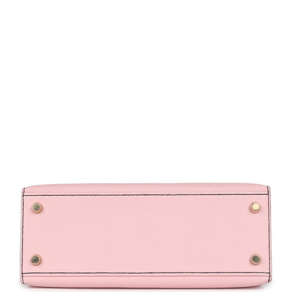Hermes Special Order (HSS) Kelly Sellier 25 Rose Sakura and Black Chevre Mysore Brushed Gold Hardware