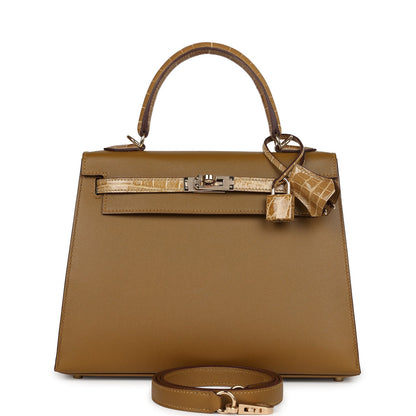 Hermes Kelly Sellier 25 Bronze Dorè Madame and Sable Shiny Niloticus Crocodile Touch Permabrass Hardware