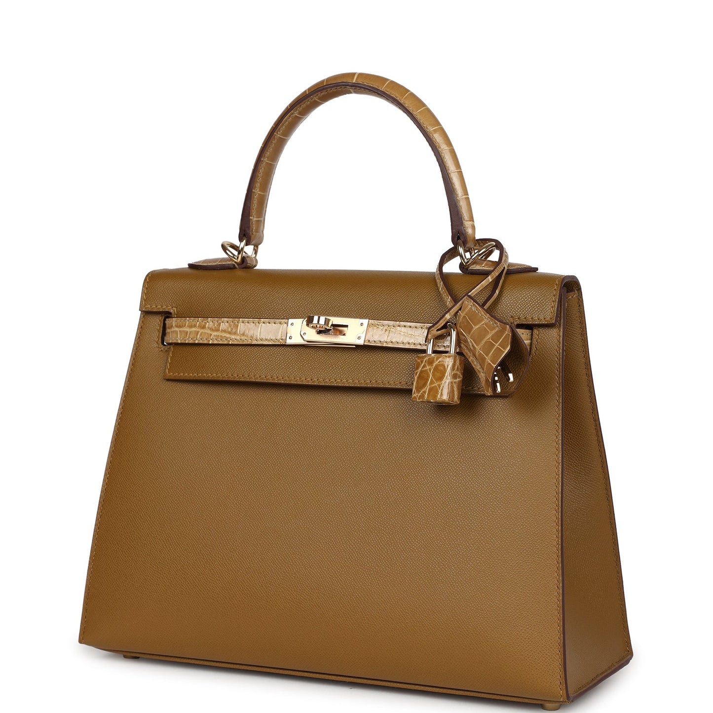 Hermes Kelly Sellier 25 Bronze Dorè Madame and Sable Shiny Niloticus Crocodile Touch Permabrass Hardware
