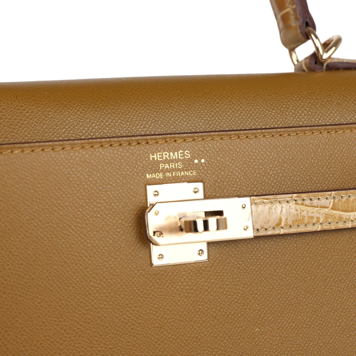 Hermes Kelly Sellier 25 Bronze Dorè Madame and Sable Shiny Niloticus Crocodile Touch Permabrass Hardware