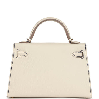 Hermes Special Order (HSS) Kelly Sellier 20 Craie/Bleu Saphir Epsom Permabrass Hardware