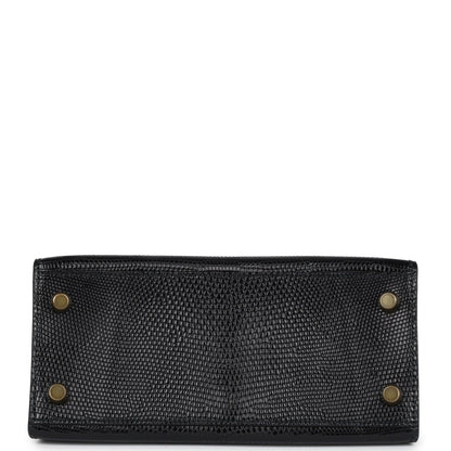 Vintage Hermes Kelly Sellier 20 Black Varanus Salvator Lizard Gold Hardware