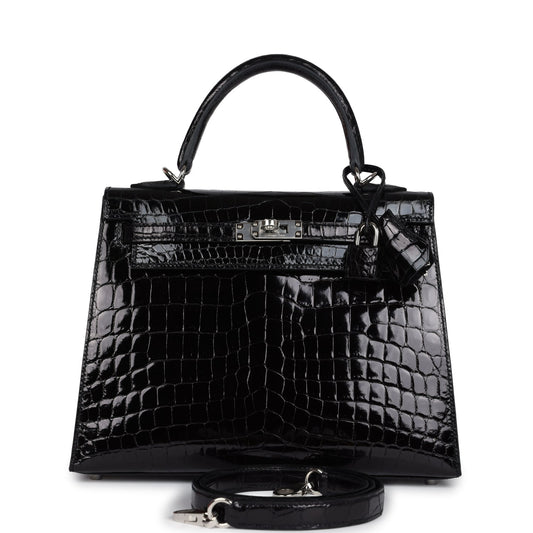 Hermes Kelly Sellier 25 Black Shiny Niloticus Crocodile Palladium Hardware
