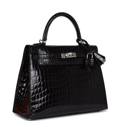 Hermes Kelly Sellier 25 Black Shiny Niloticus Crocodile Palladium Hardware