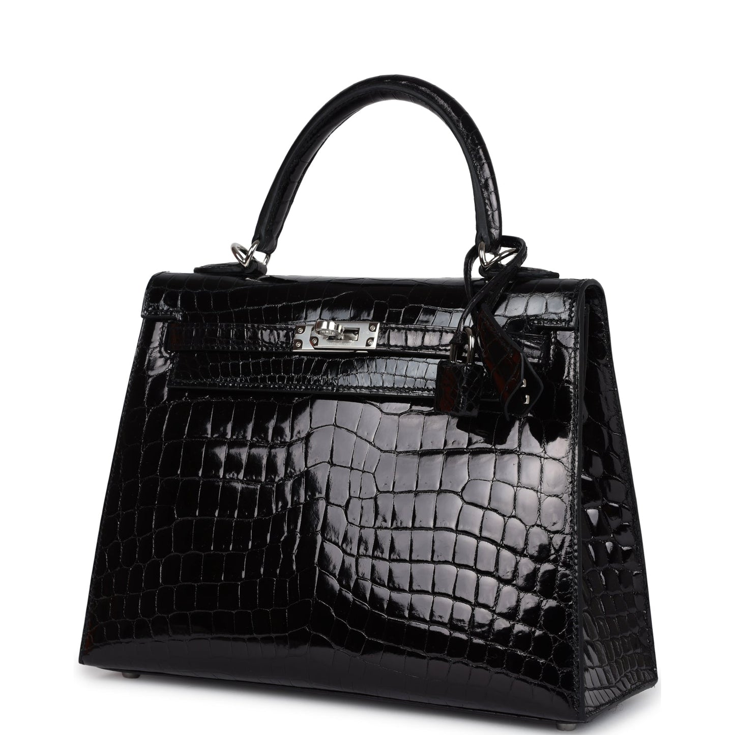 Hermes Kelly Sellier 25 Black Shiny Niloticus Crocodile Palladium Hardware