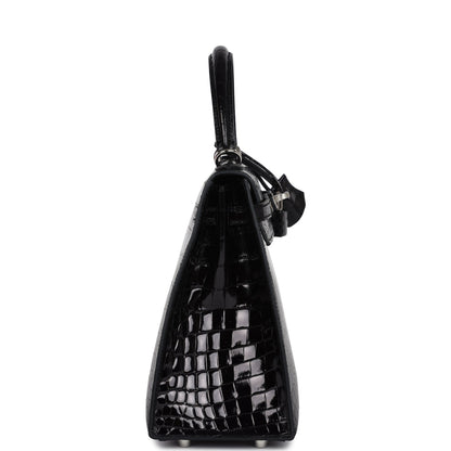 Hermes Kelly Sellier 25 Black Shiny Niloticus Crocodile Palladium Hardware