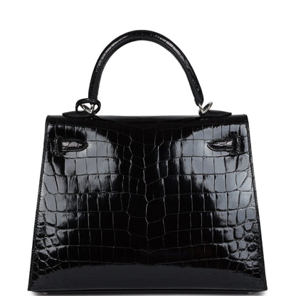 Hermes Kelly Sellier 25 Black Shiny Niloticus Crocodile Palladium Hardware