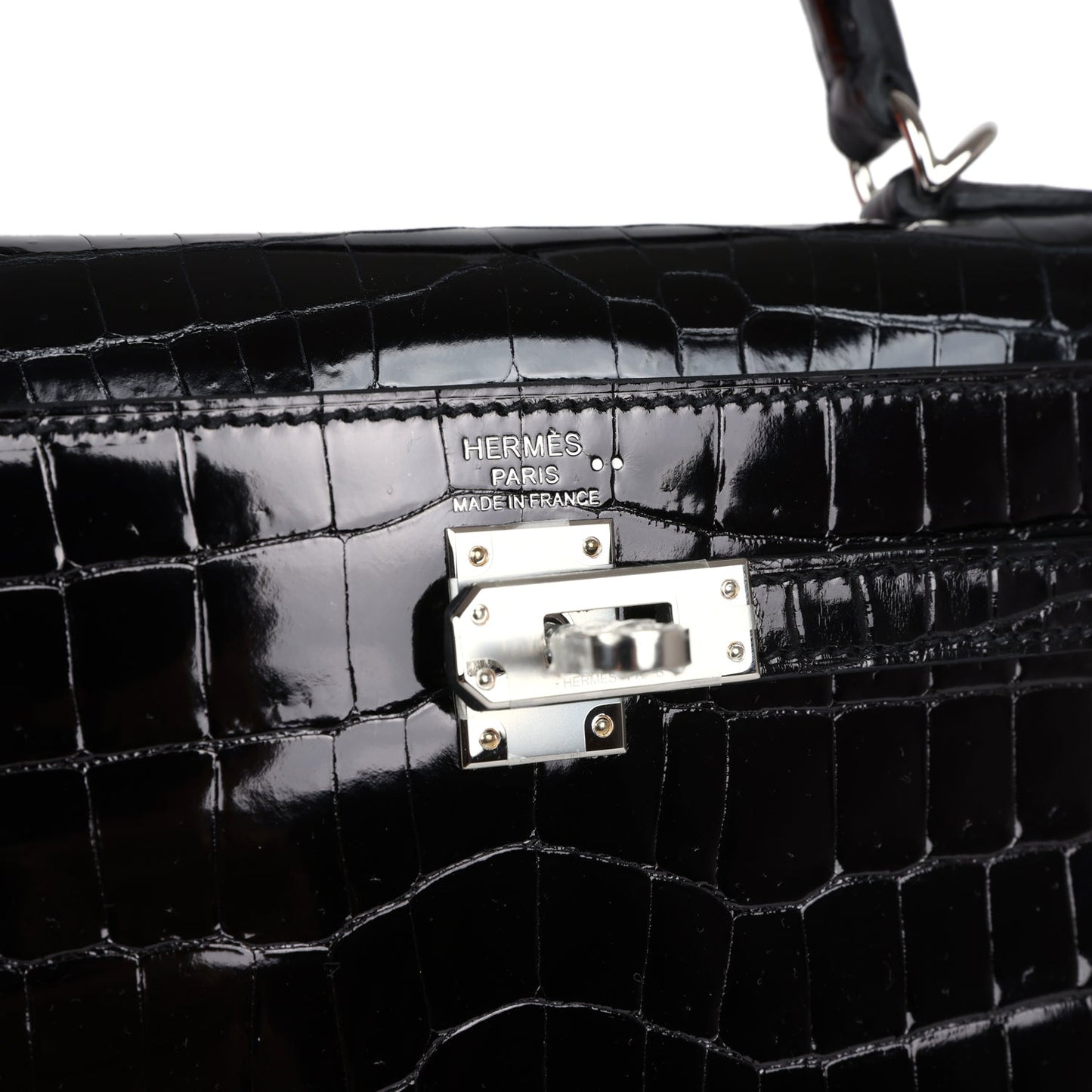 Hermes Kelly Sellier 25 Black Shiny Niloticus Crocodile Palladium Hardware