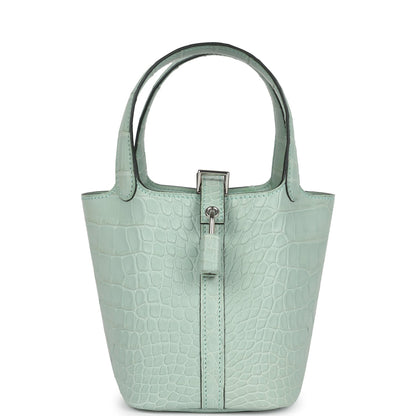 Hermes Micro Picotin Lock 14 Vert D'Eau Matte Alligator Palladium Hardware