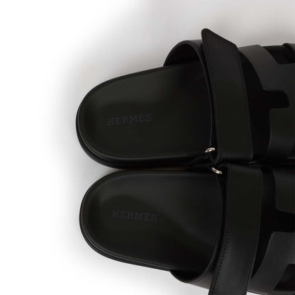 Hermes Chypre Techno Sandals Black Calfskin Palladium Hardware 35