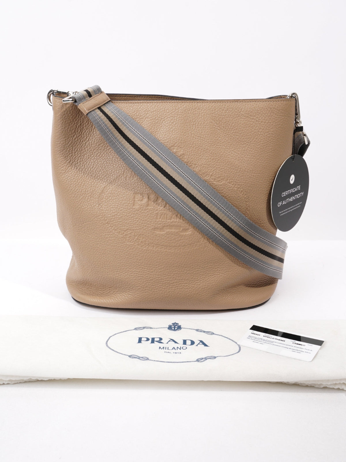 Prada Logo Bucket Bag Neutral Leather Medium