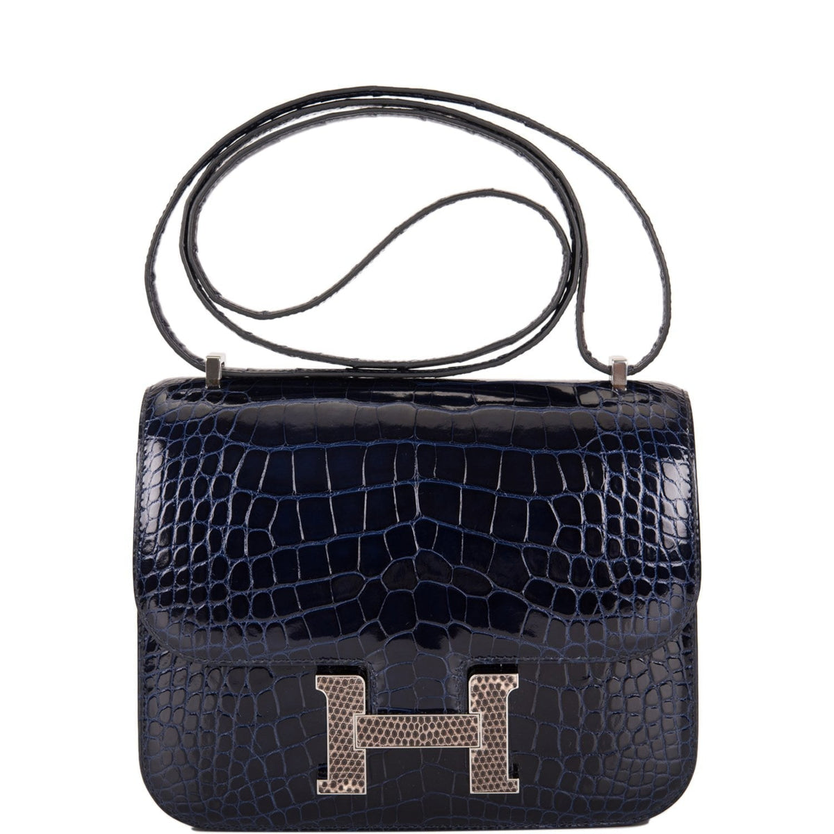 Hermes Bleu Marine Alligator and Ombre Lizard Marquette Constance 18cm Palladium Hardware
