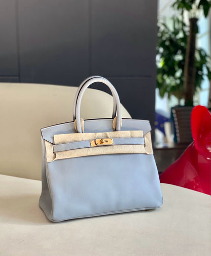 Pre-owned Certified Hermes Birkin 30 Bleu Glacier 8U Epsom Leather Golden Hardware, 2016 (X), w/ Full Set - box, dust bag, lock&key 