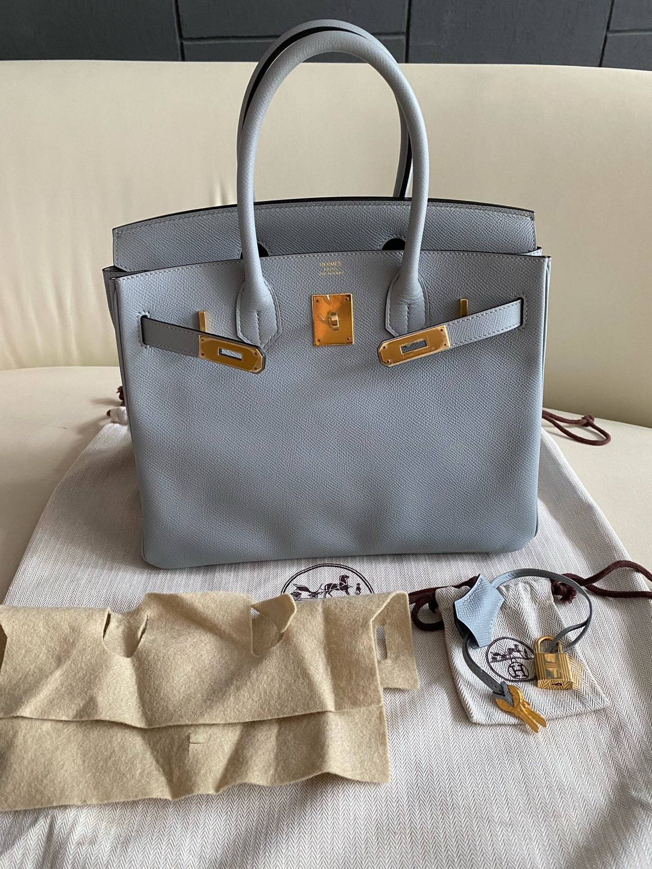 Pre-owned Certified Hermes Birkin 30 Bleu Glacier 8U Epsom Leather Golden Hardware, 2016 (X), w/ Full Set - box, dust bag, lock&key 