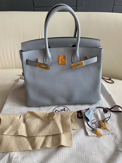 Pre-owned Certified Hermes Birkin 30 Bleu Glacier 8U Epsom Leather Golden Hardware, 2016 (X), w/ Full Set - box, dust bag, lock&key 