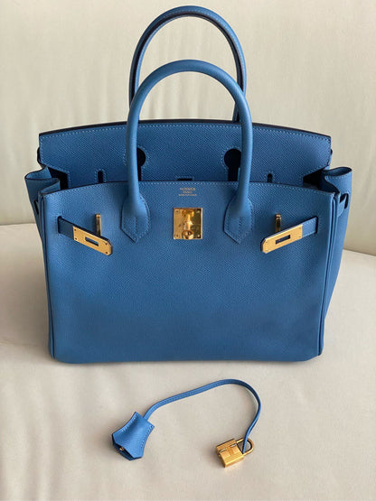 Pre-owned Certified Hermes Birkin 30 Blue Brighton 7e Epsom Leather with Golden Hardware, 2019 (D), with dust bag, lock&key 