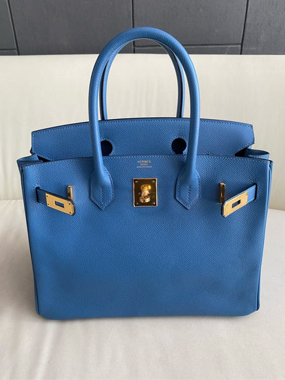 Pre-owned Certified Hermes Birkin 30 Blue Brighton 7e Epsom Leather with Golden Hardware, 2019 (D), with dust bag, lock&key 