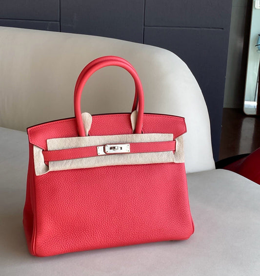 Pre-owned Certified Hermes Birkin 30 Rouge Pivoine 2R Togo Silver Hardware, 2015 (T), w/ Dust bag, lock&key